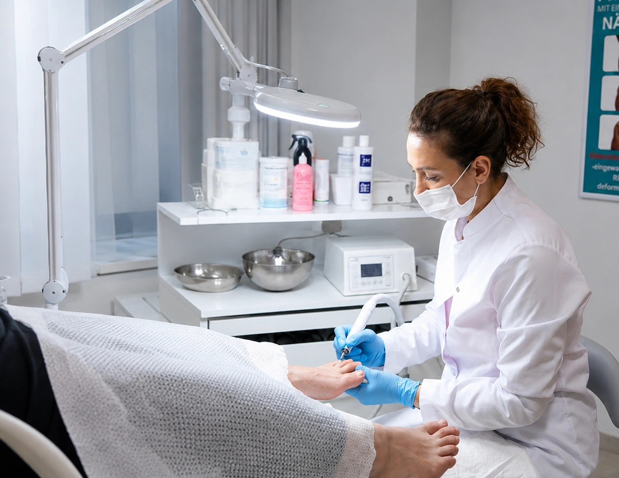 Podolog Serpil Özcan, klinik ortamında beyaz önlüğü, maskesi ve mavi eldivenleriyle bir hastaya profesyonel ayak bakımı uyguluyor